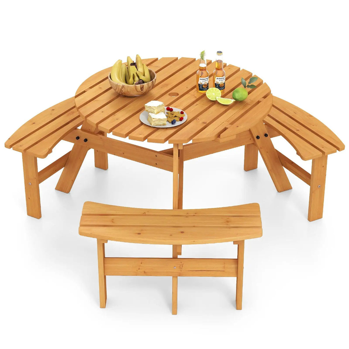 6-Person Round Picnic Table Set with 3 Built-in Benches and Umbrella Hole by DirectDeals