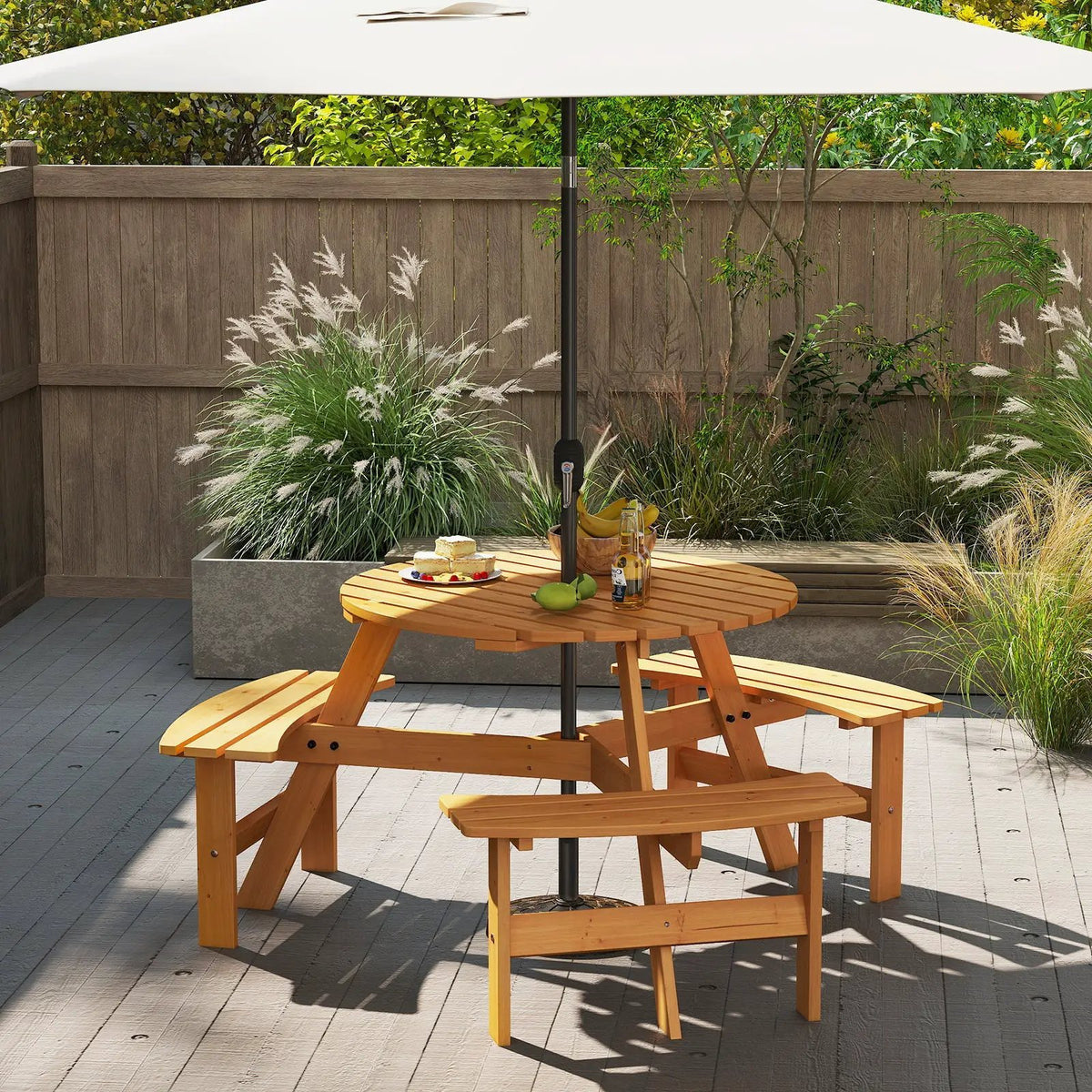 6-Person Round Picnic Table Set with 3 Built-in Benches and Umbrella Hole by DirectDeals
