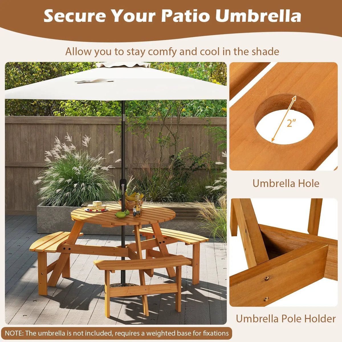 6-Person Round Picnic Table Set with 3 Built-in Benches and Umbrella Hole by DirectDeals