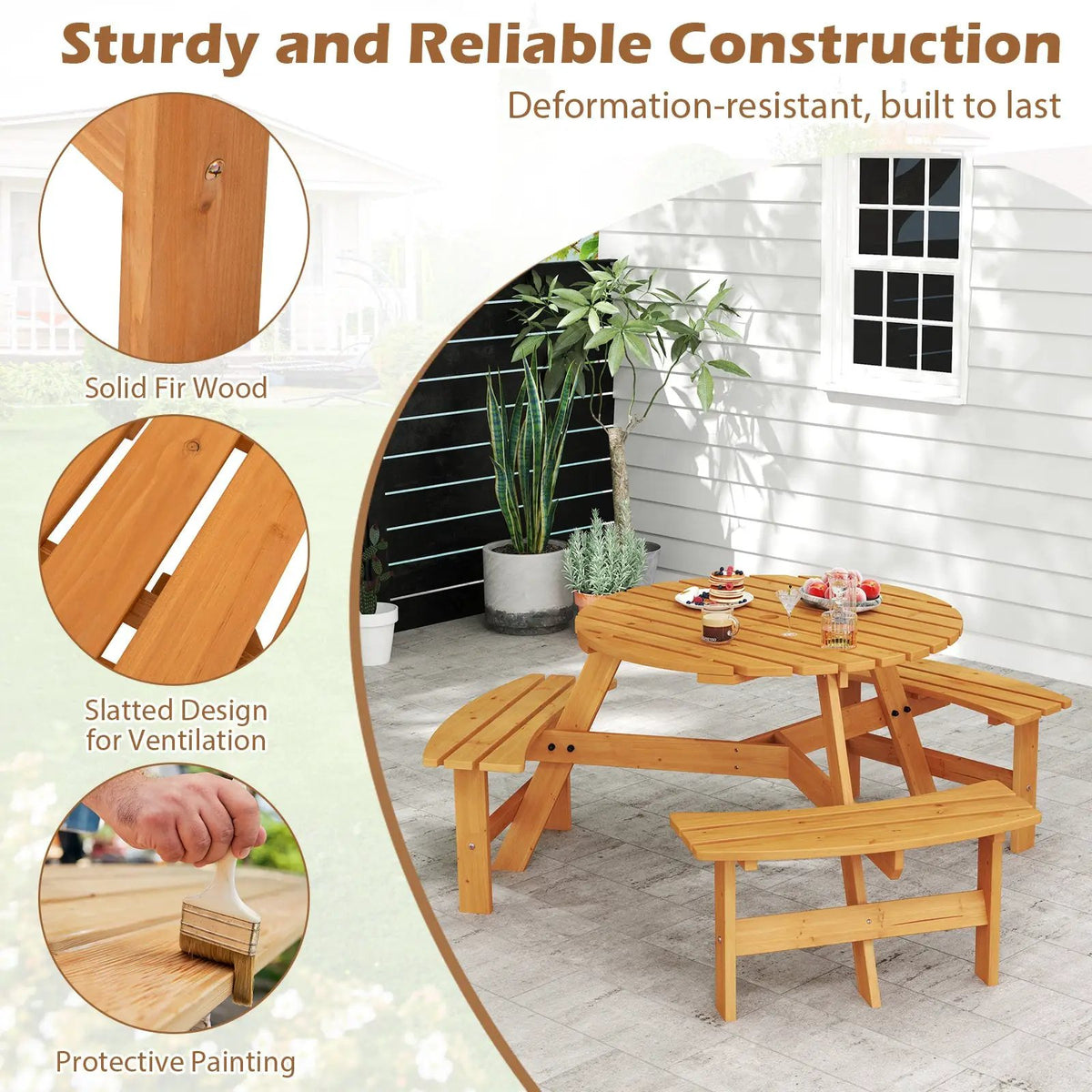 6-Person Round Picnic Table Set with 3 Built-in Benches and Umbrella Hole by DirectDeals