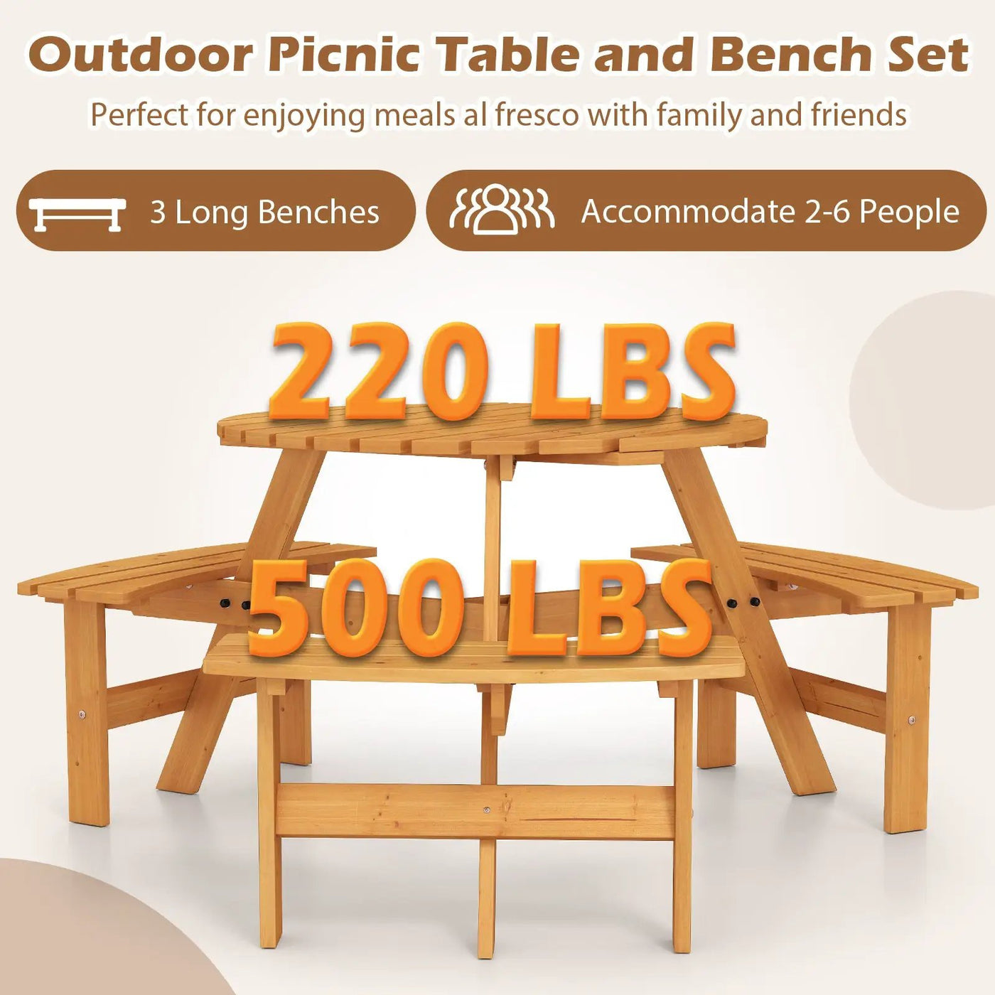6-Person Round Picnic Table Set with 3 Built-in Benches and Umbrella Hole by DirectDeals