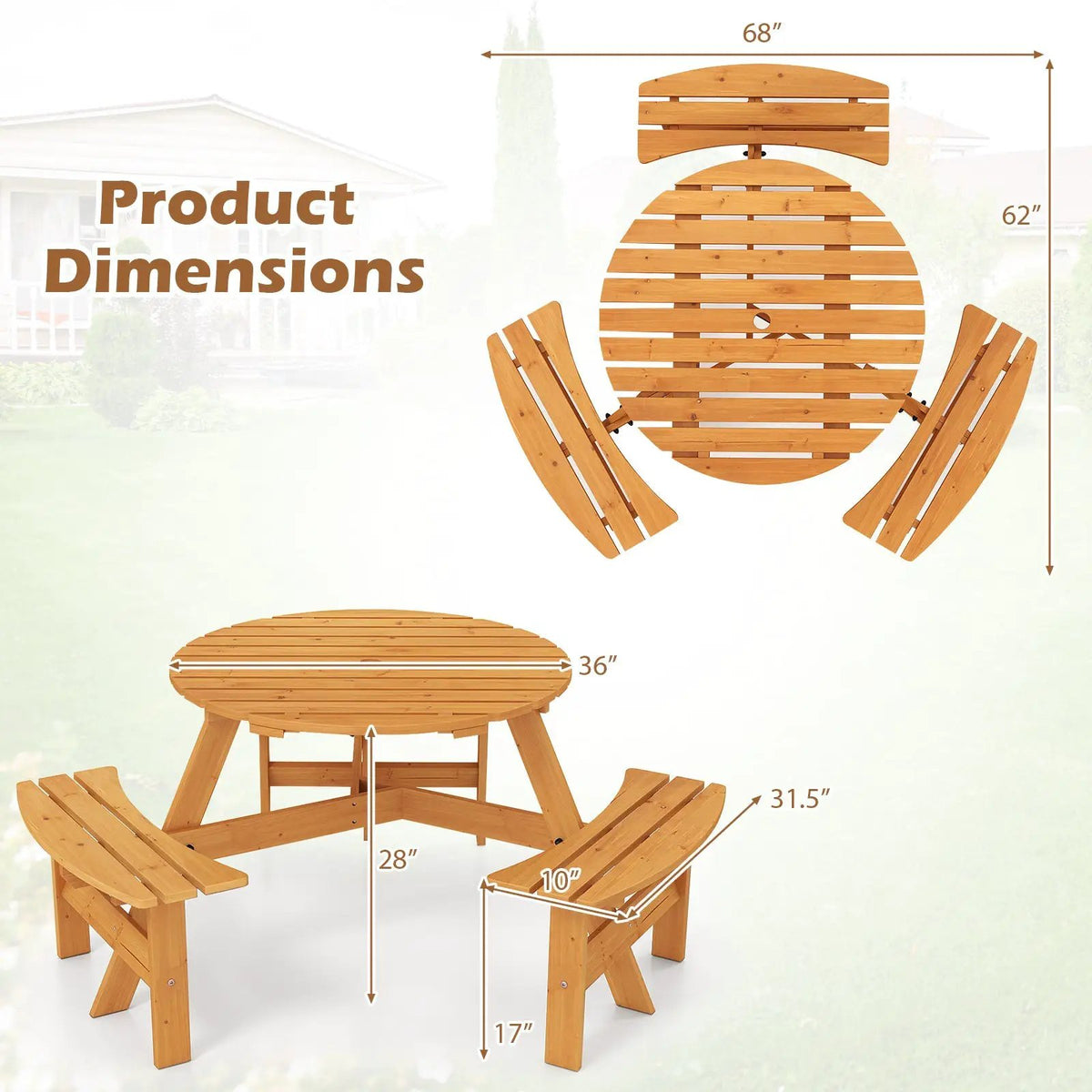 6-Person Round Picnic Table Set with 3 Built-in Benches and Umbrella Hole by DirectDeals