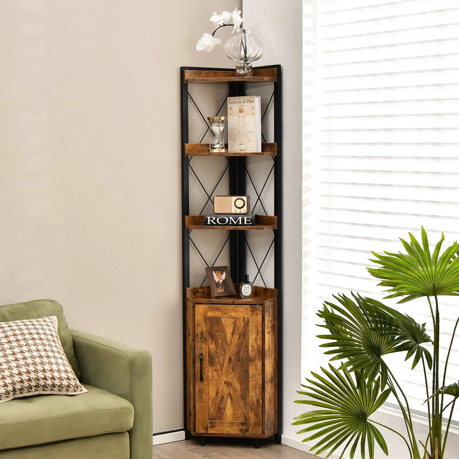 Tall Corner Storage Cabinet with 3-Tier Shelf and Enclosed Cabinet by DirectDeals