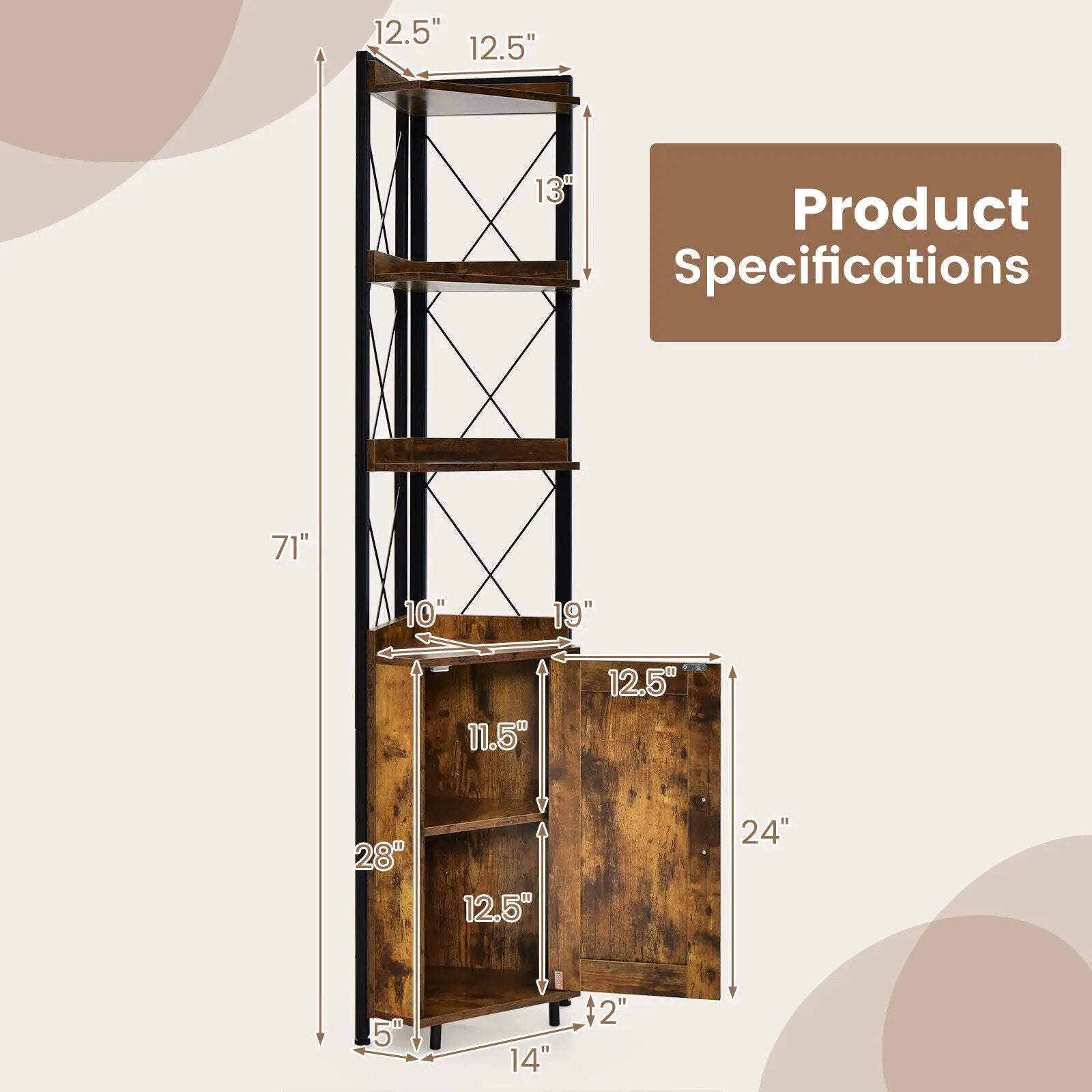 Tall Corner Storage Cabinet with 3-Tier Shelf and Enclosed Cabinet by DirectDeals