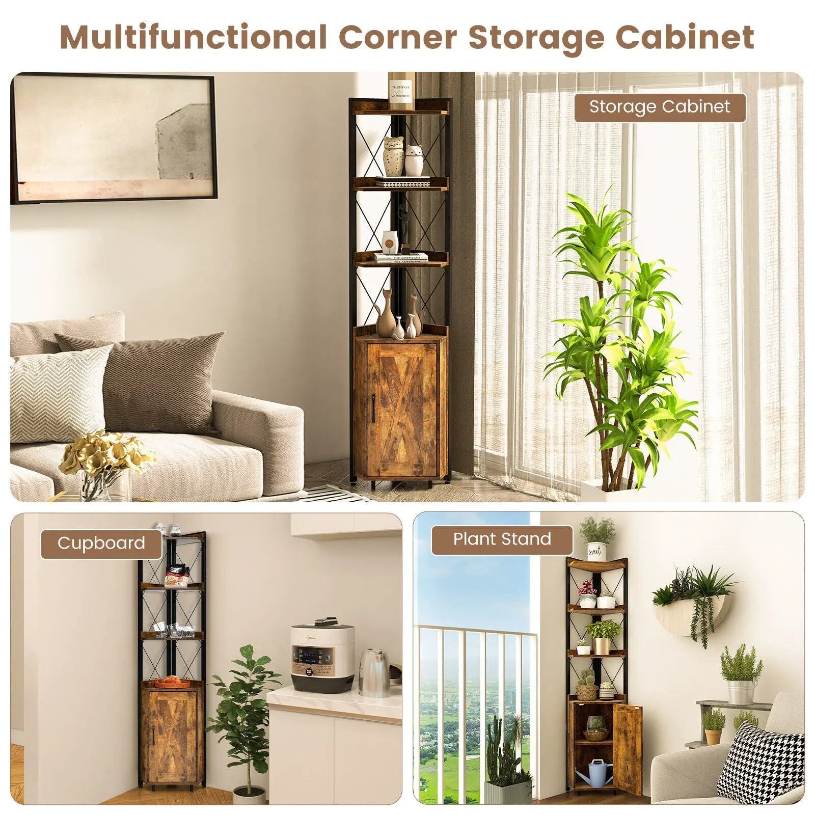 Tall Corner Storage Cabinet with 3-Tier Shelf and Enclosed Cabinet by DirectDeals
