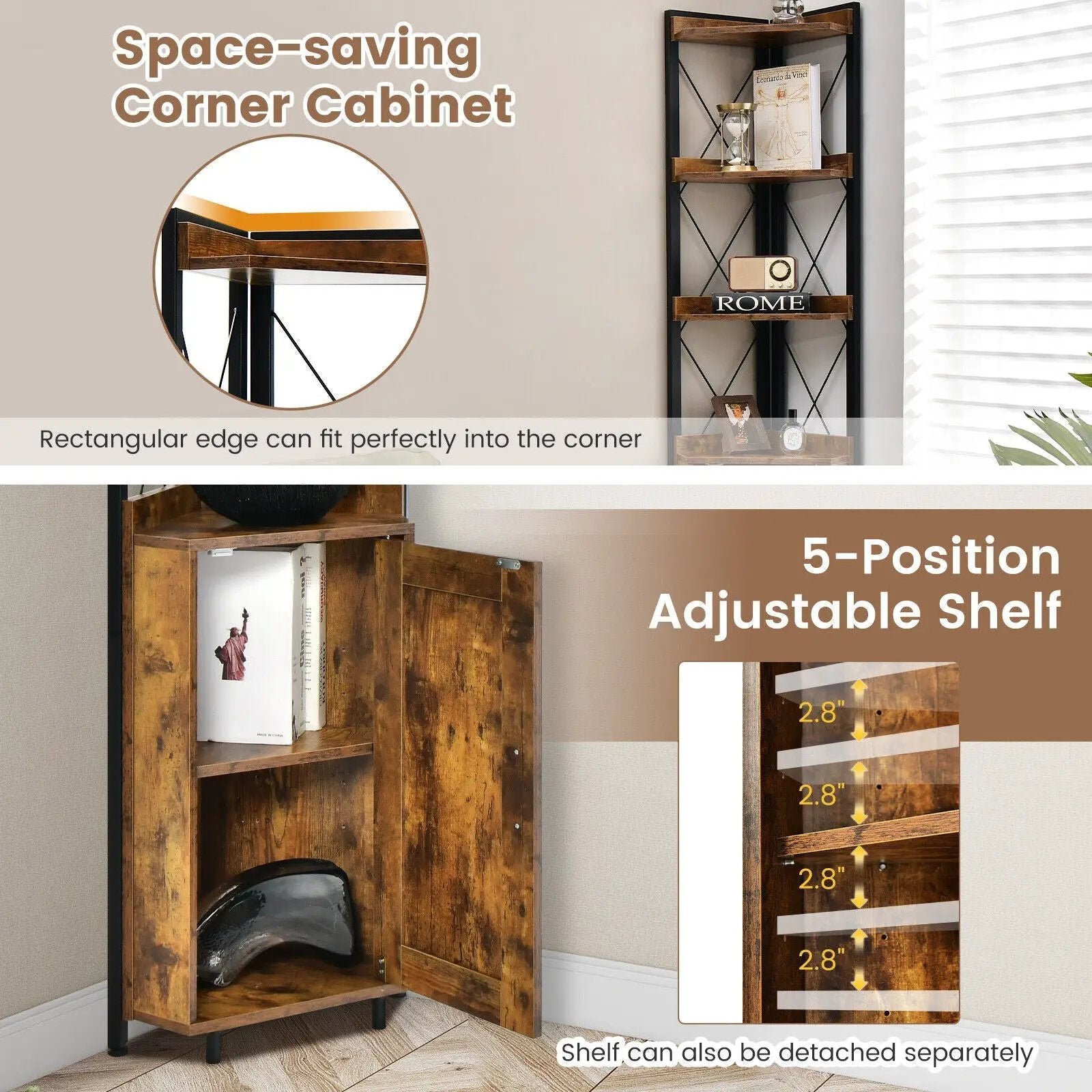 Tall Corner Storage Cabinet with 3-Tier Shelf and Enclosed Cabinet by DirectDeals