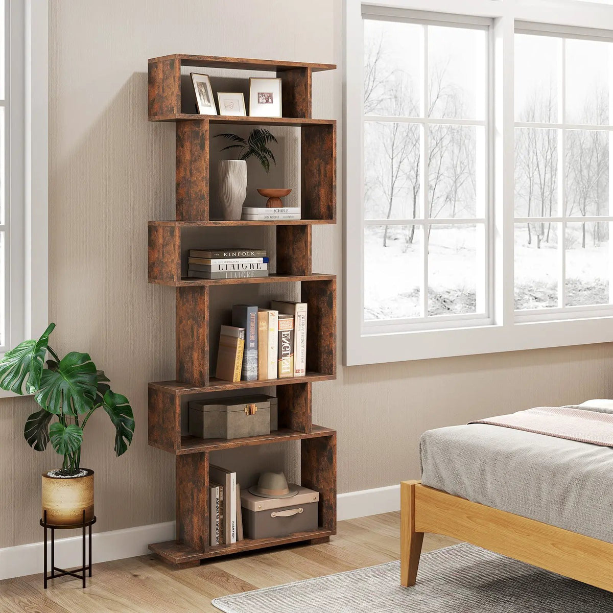 6-Tier Geometric Bookshelf with 2 Anti-Tipping Kits for Home Office by DirectDeals