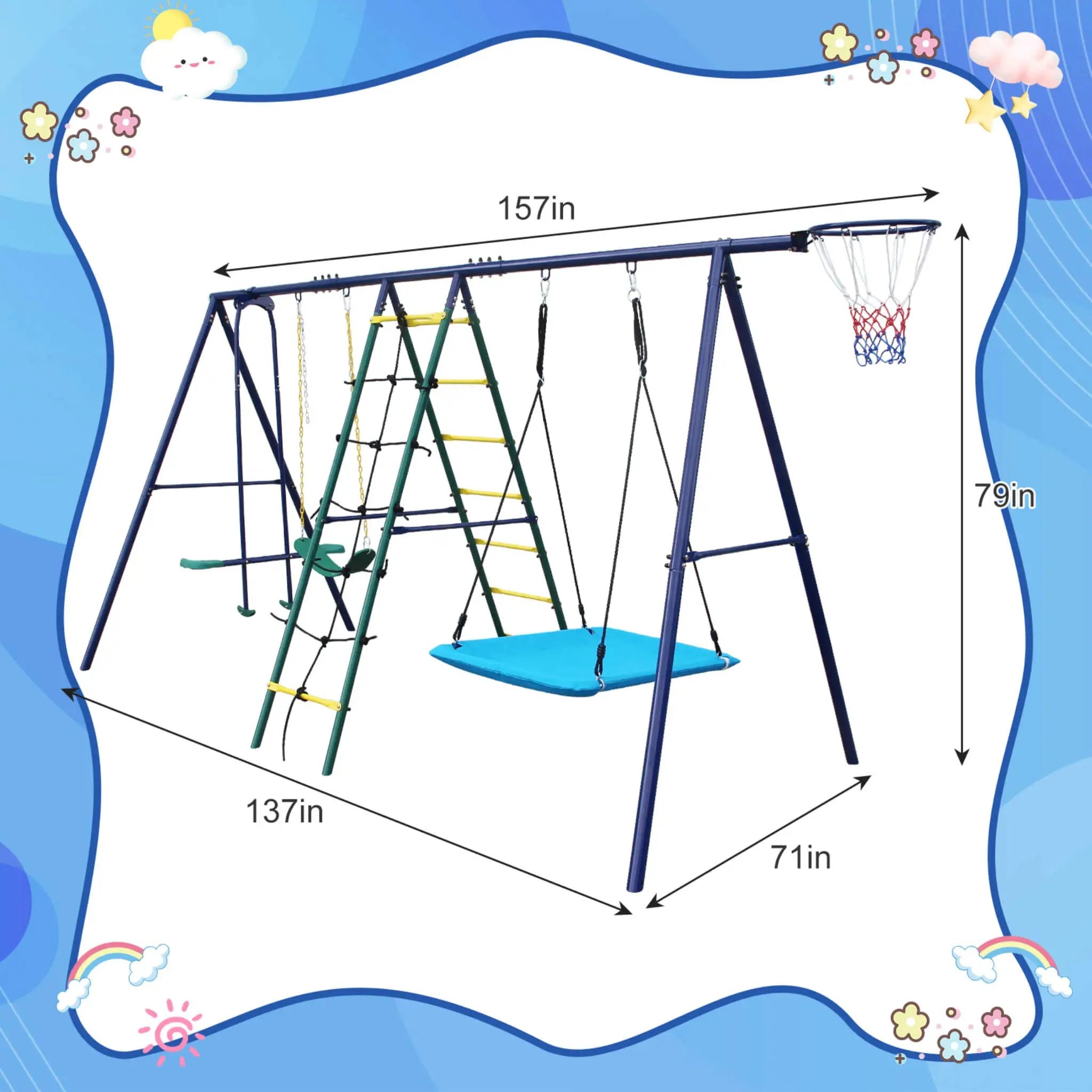 6-In-1 Outdoor Swing Set With Climbing Ladder Net And Basketball Hoop (SAK98152) by SAKSBY WHOLESALE