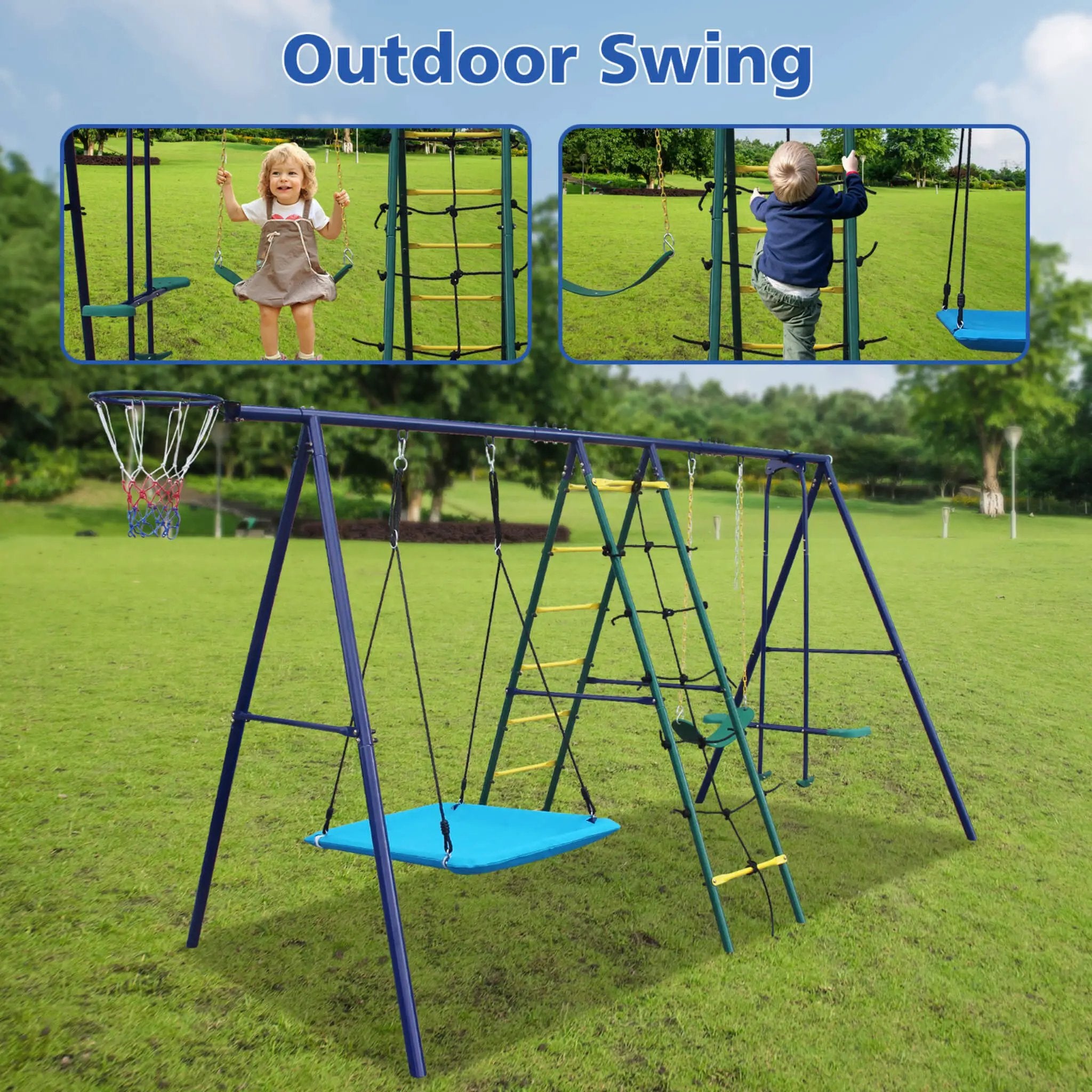6-In-1 Outdoor Swing Set With Climbing Ladder Net And Basketball Hoop (SAK98152) by SAKSBY WHOLESALE