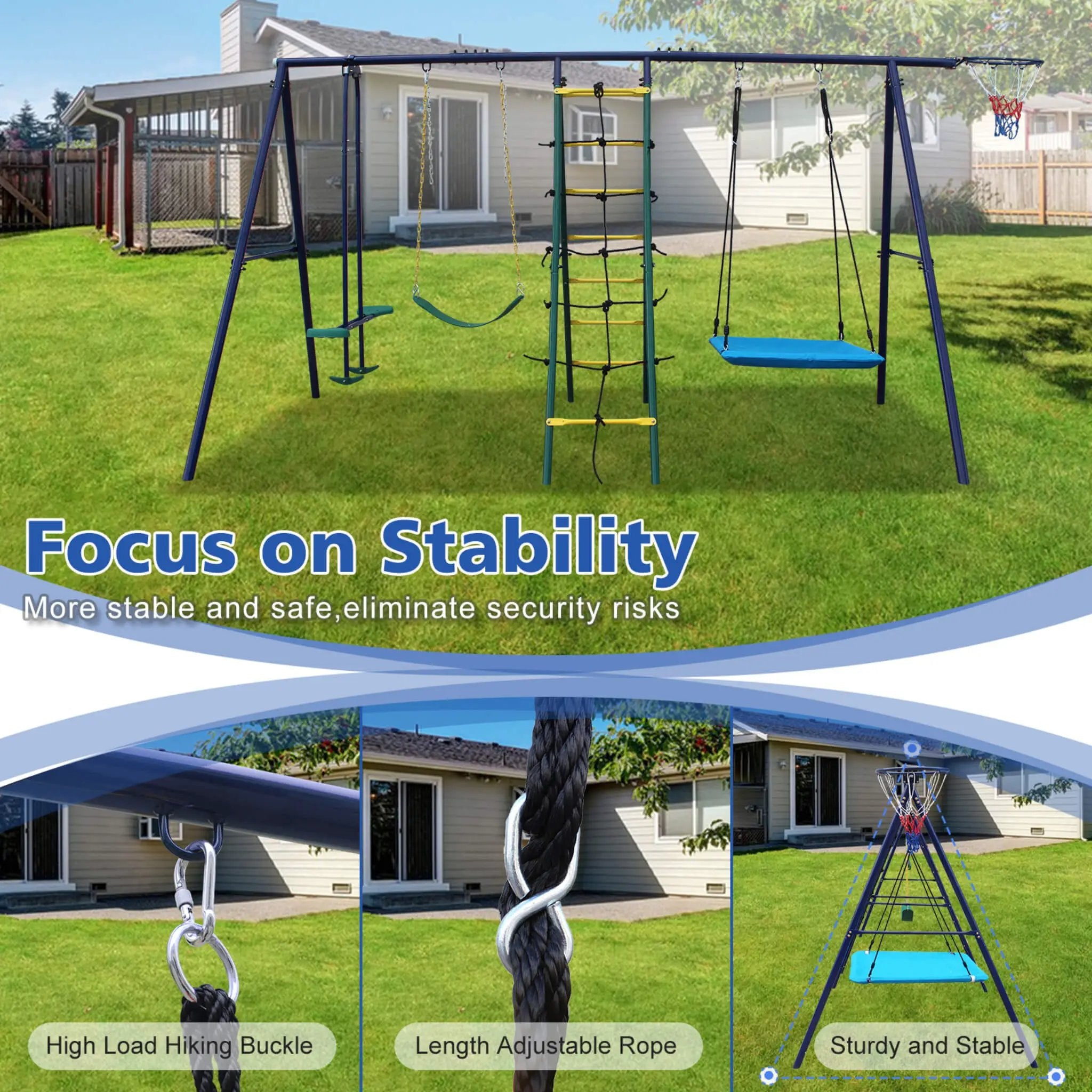 6-In-1 Outdoor Swing Set With Climbing Ladder Net And Basketball Hoop (SAK98152) by SAKSBY WHOLESALE