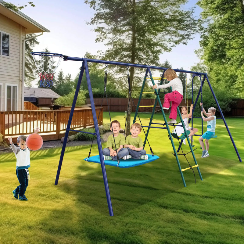 6-In-1 Outdoor Swing Set With Climbing Ladder Net And Basketball Hoop (SAK98152) by SAKSBY WHOLESALE