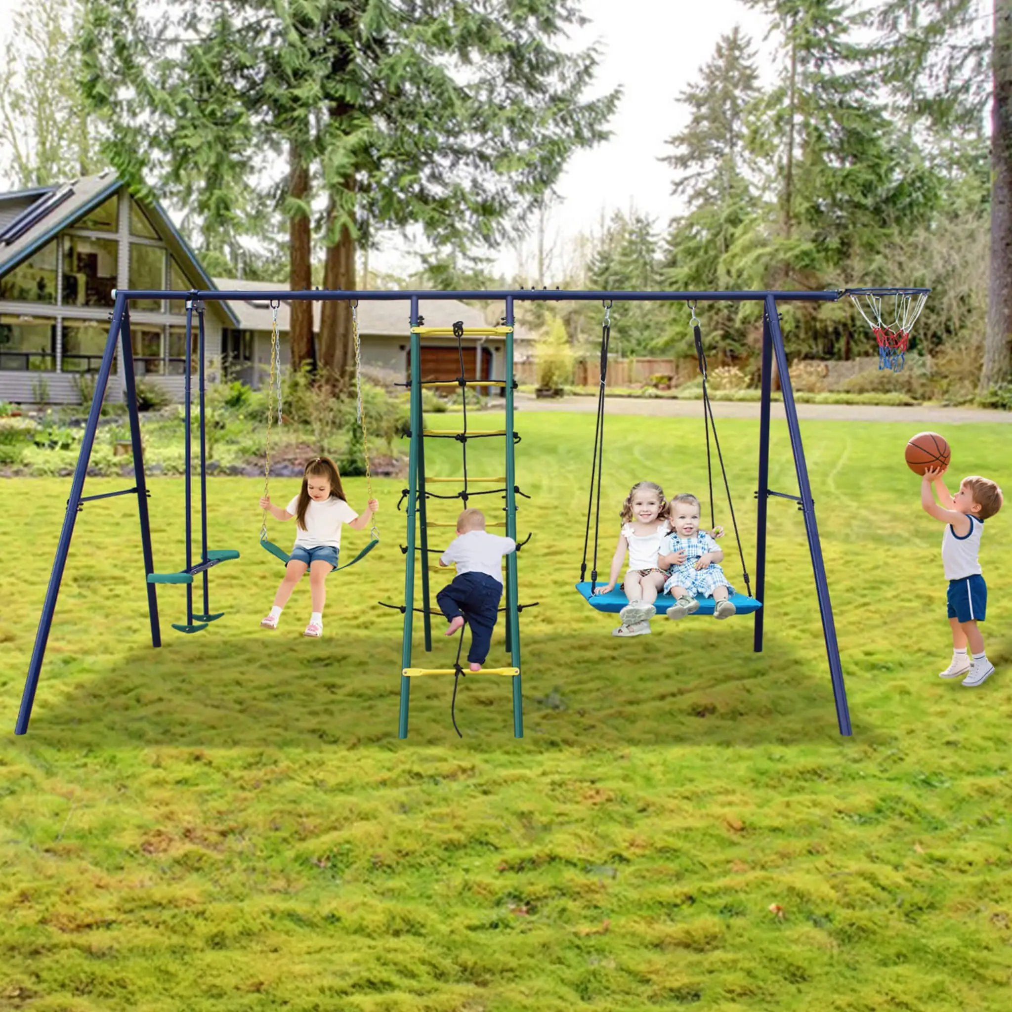 6-In-1 Outdoor Swing Set With Climbing Ladder Net And Basketball Hoop (SAK98152) by SAKSBY WHOLESALE