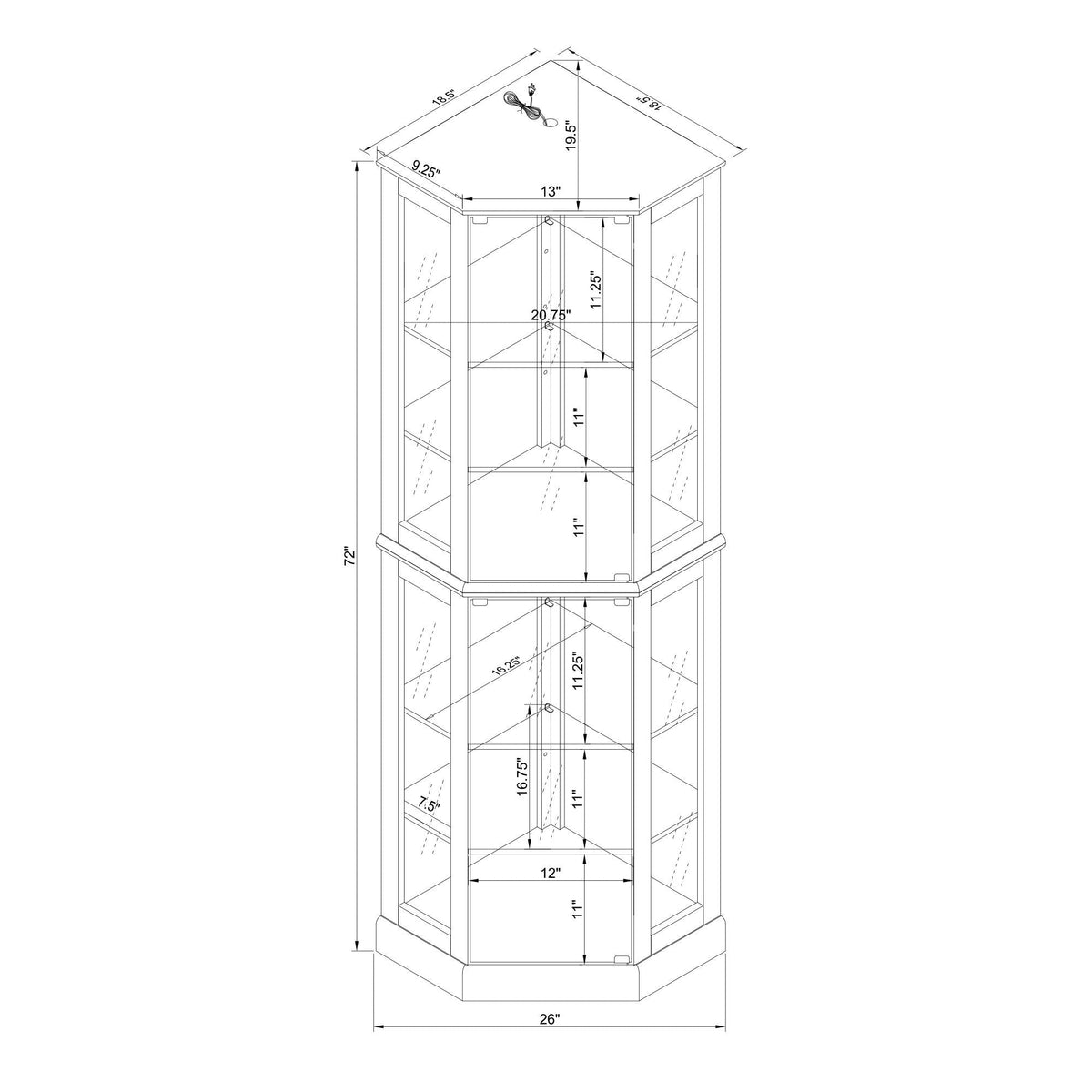 6 Shelf Corner Curio Display Cabinet with Lights and Adjustable Shelves - Dark Brown, Dark Red, Light Brown, photo 10 of 12