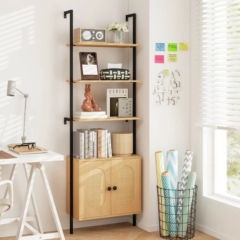72.5 Inch 6-Tier Wall Mounted Ladder Bookshelf with Rattan Cabinet-Natural by DirectDeals