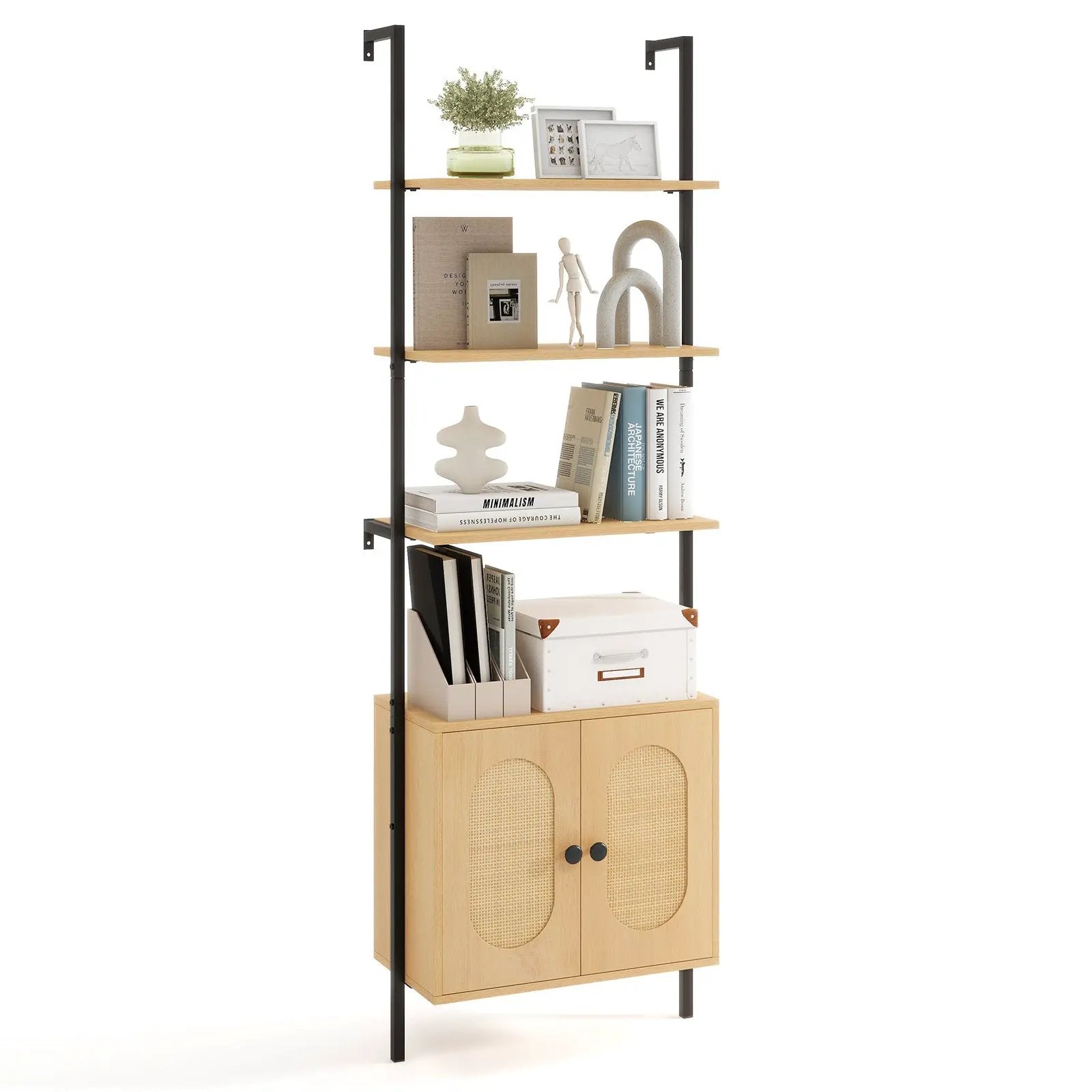 72.5 Inch 6-Tier Wall Mounted Ladder Bookshelf with Rattan Cabinet-Natural by DirectDeals