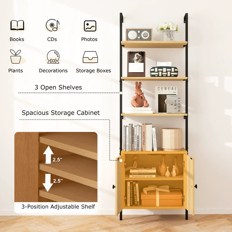 72.5 Inch 6-Tier Wall Mounted Ladder Bookshelf with Rattan Cabinet-Natural by DirectDeals