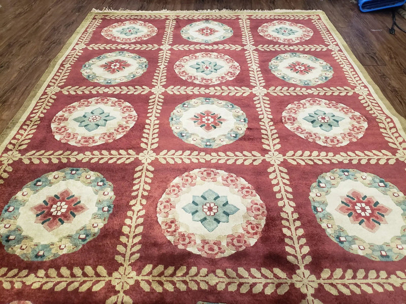 Nepalese Aubusson Panel Rug 6x9, Red & Ivory Soft Plush Tibetan Pile Rug, Wool Hand-Knotted Carpet, 6 x 9 Elegant Area Rug, Office Room Rug by Jewel Rugs