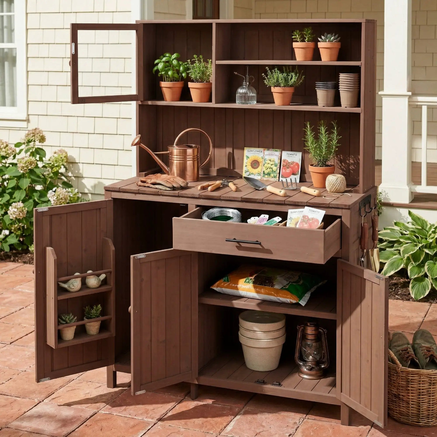 TOPAMX Potting Bench with Hutch, Solid Fir Wood Garden Workstation by HouseOfZazla