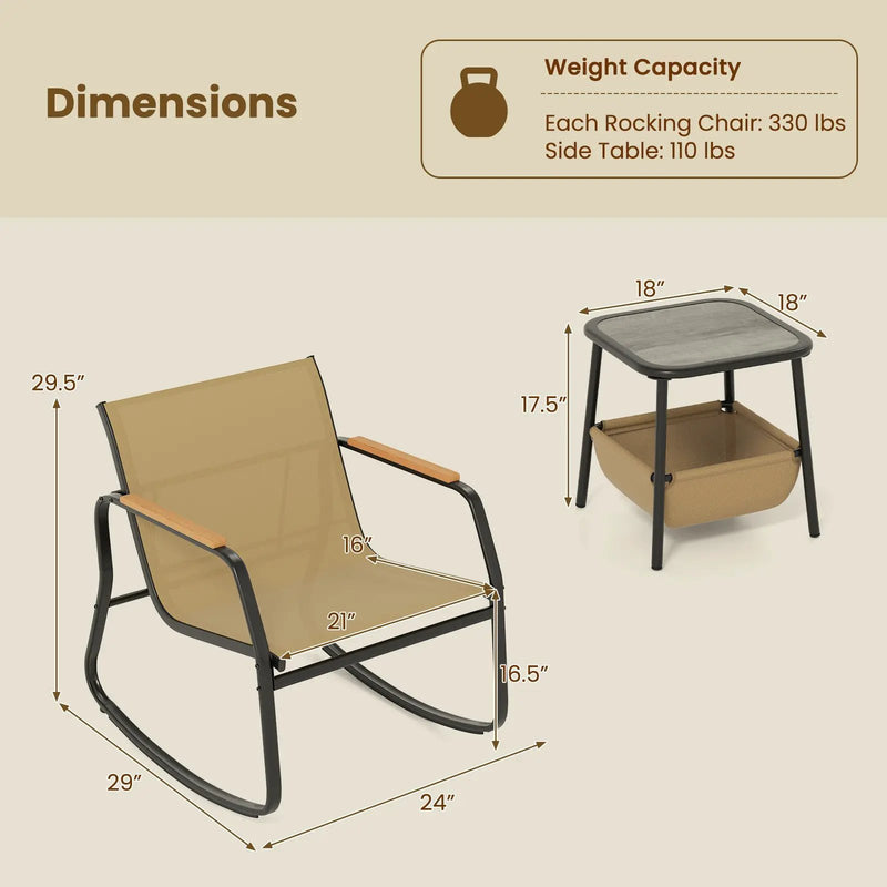 3 Piece Rocking Bistro Chairs and Side Table Set with Storage Bag-Brown by DirectDeals