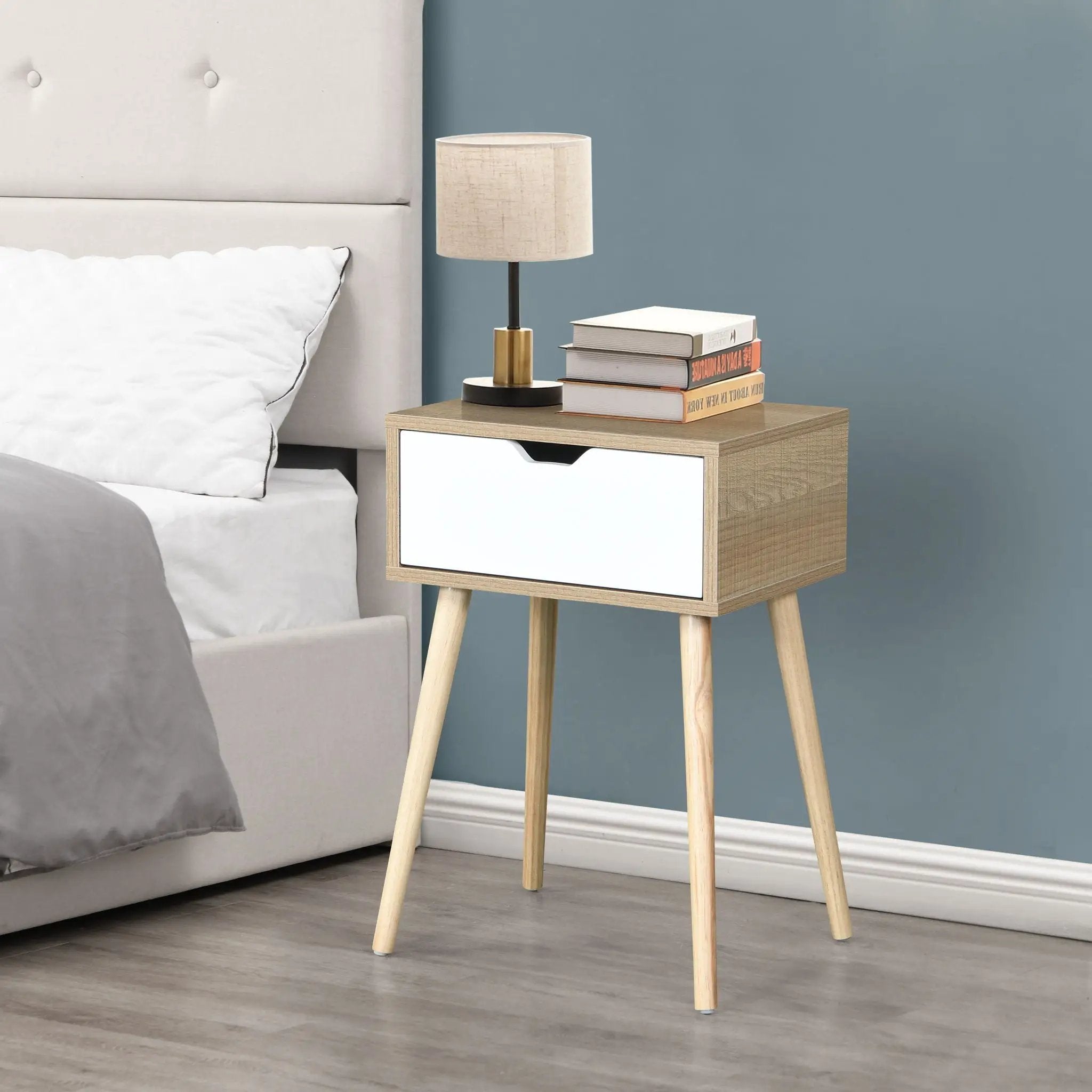 Side Table With 1 Drawer, Mid-Century Modern Storage Cabinet For Bedroom - White / Wood by Unique Piece Furniture