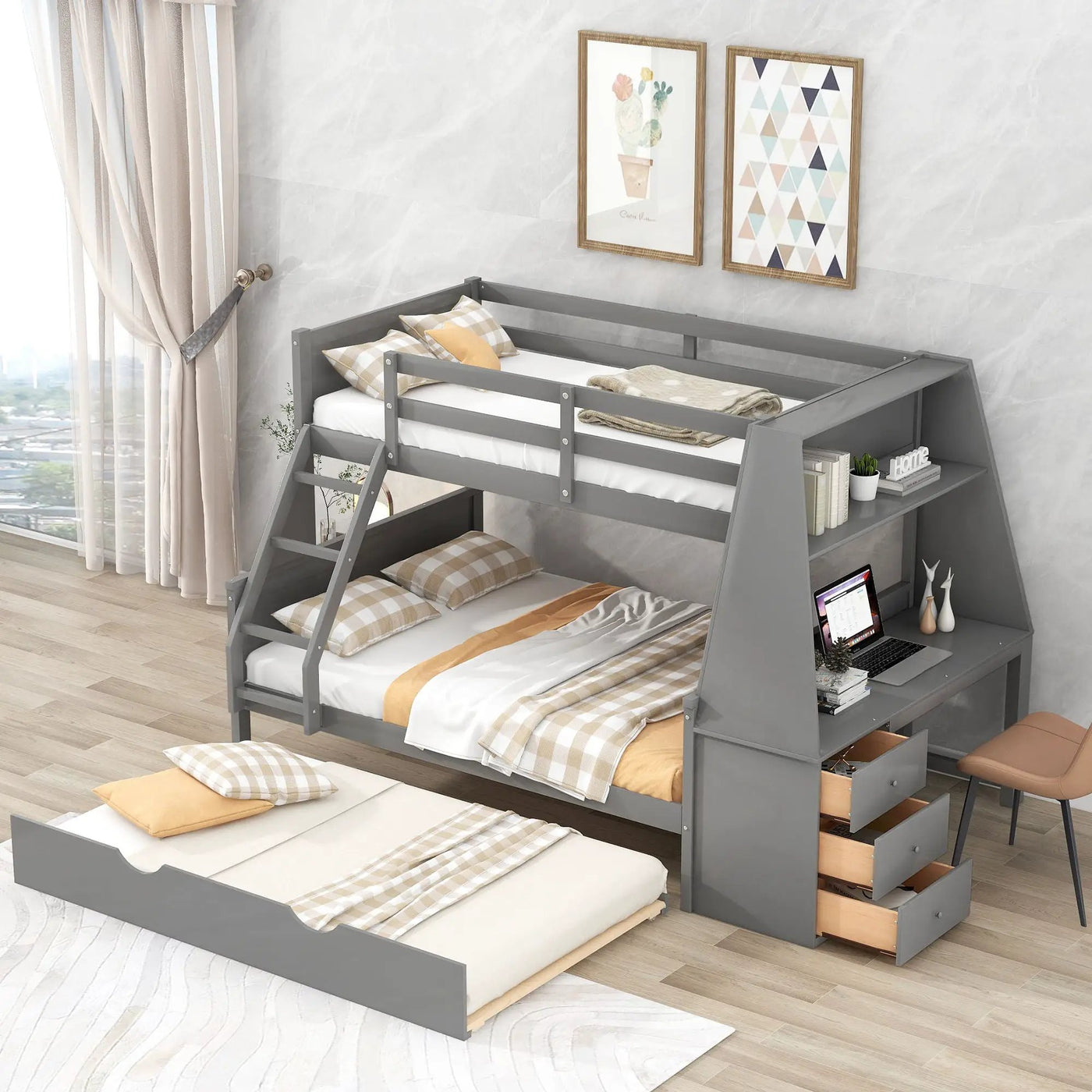 Bunk Bed With Trundle And Built In Desk, 3 Storage Drawers And Shelf by HouseOfZazla