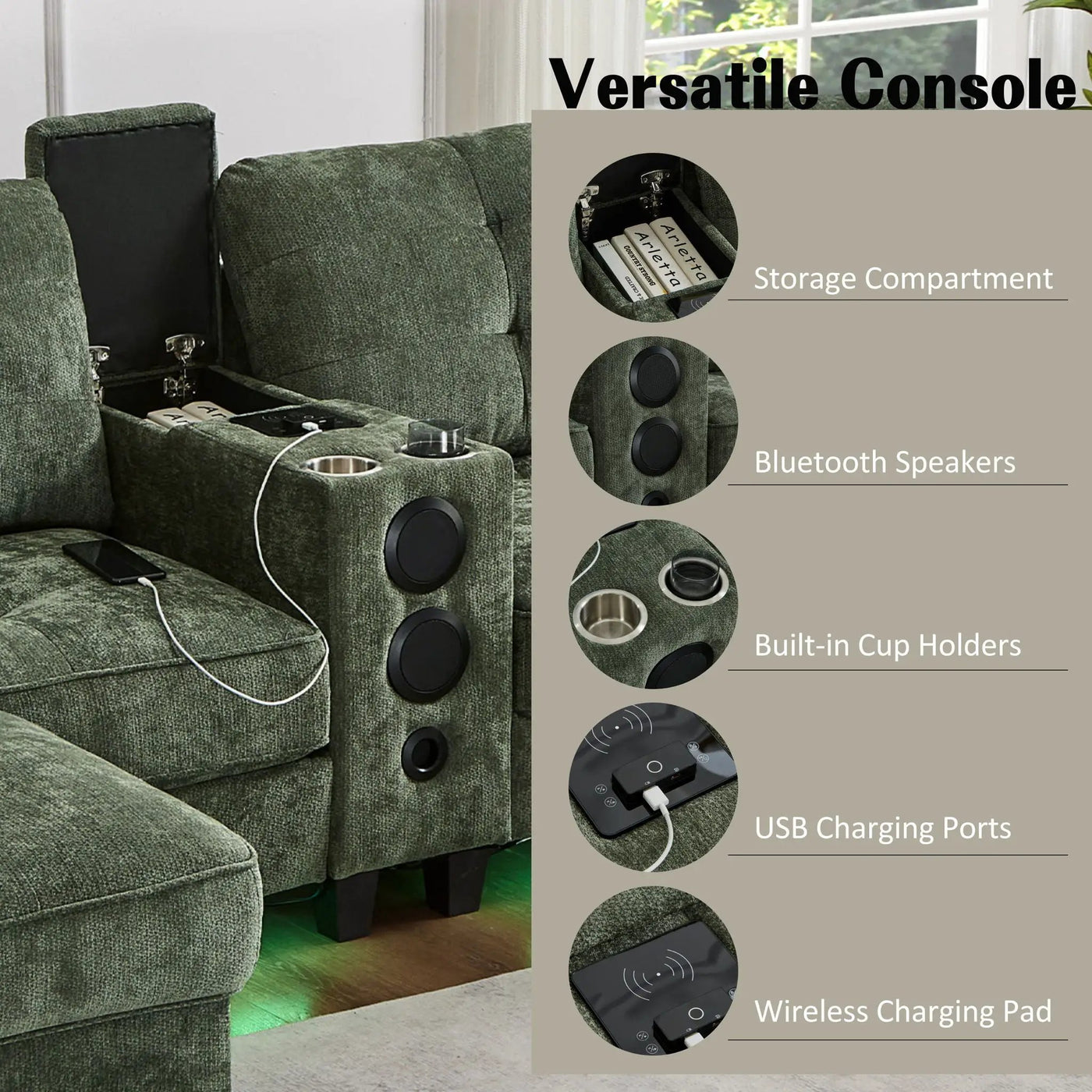 Modern Sectional Sofa U-Shaped With Movable Ottomans, tooth Speakers, LED Lights And Modular Storage by Unique Piece Furniture