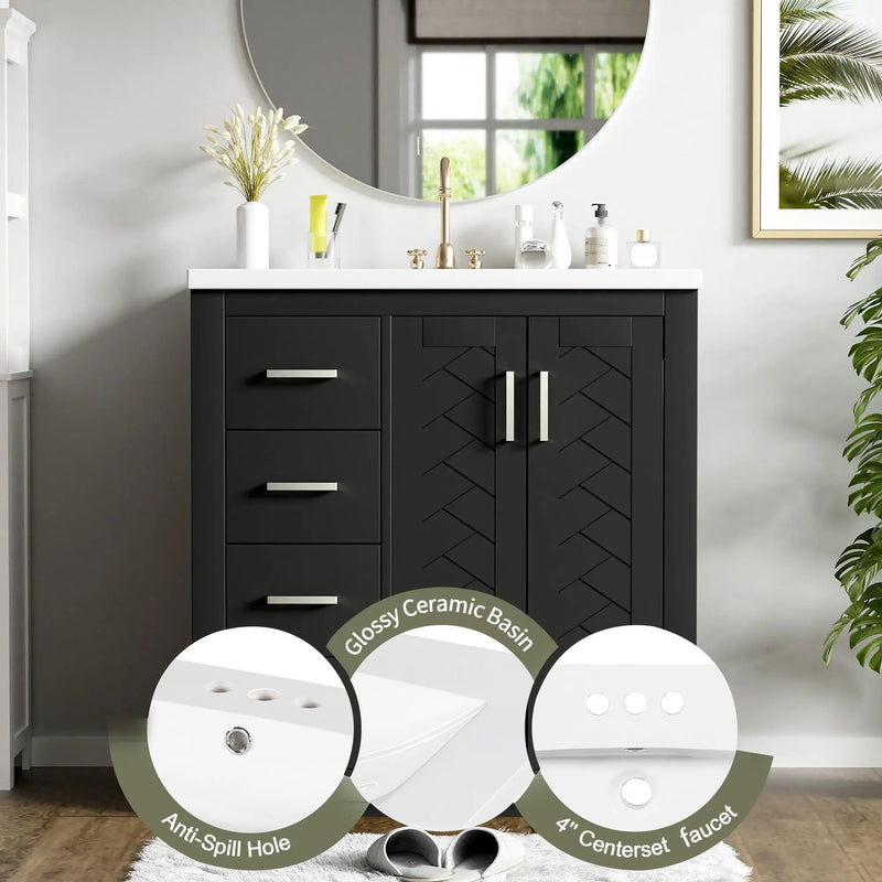 Ceramic Sink Combo, Freestanding Vanity Set With 3 Drawers & Soft Closing Doors by Unique Piece Furniture