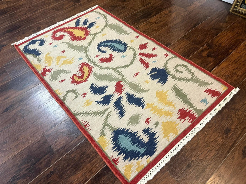 Indian Kilim Flatweave Rug 3x5, Abstract, Beige and Multicolor Flowers, Handmade by Jewel Rugs