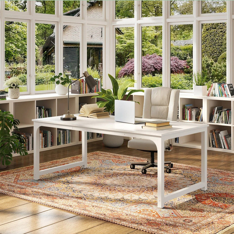 Executive Desk, Large Office Computer Workstation With Thick Frame - White