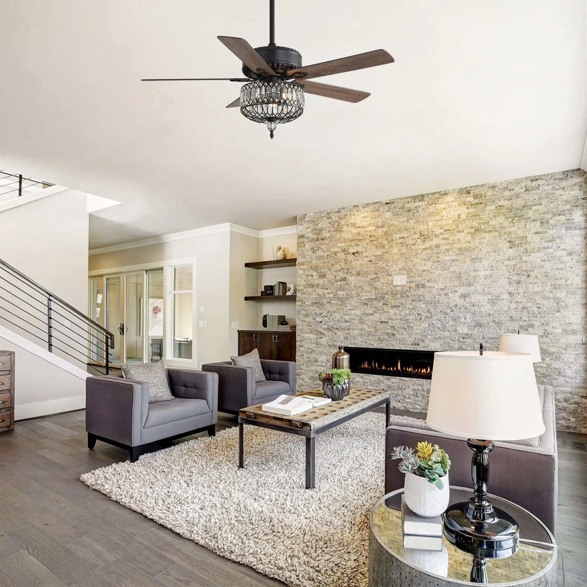 Ceiling Fan With Crystal Lampshade, 5 Blades, DC Motor, 6 Speed Remote Control, 1 / 4 / 8 Hour Timer - Black by HouseOfZazla