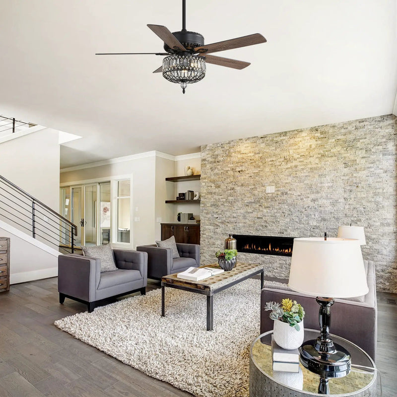 Ceiling Fan With Crystal Lampshade, 5 Blades, DC Motor, 6 Speed Remote Control, 1 / 4 / 8 Hour Timer - Black by HouseOfZazla