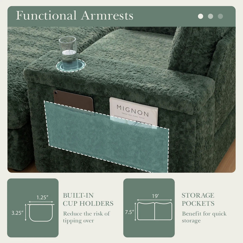 Oversized Chaise Lounge Indoor Rabbit Fur Sofa Bed With Storage Ottoman And Armrests Cup Holders With Deep Seat by Unique Piece Furniture