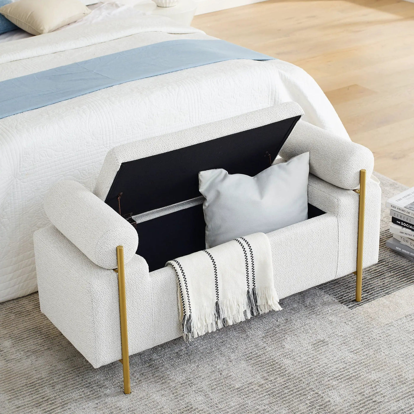Elegant Upholstered Storage Bench With Cylindrical Arms And Iron Legs, by HouseOfZazla