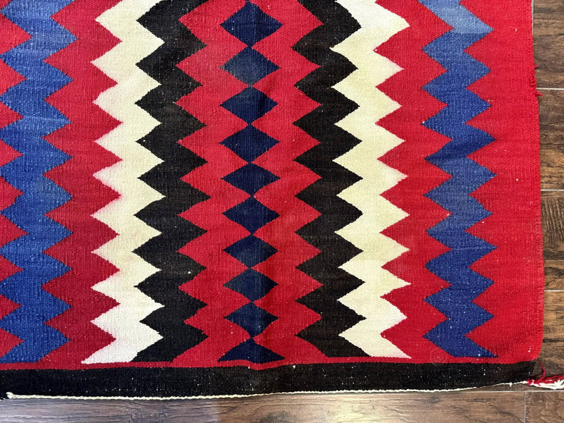Antique Navajo Rug 3.7 x 2.8, Red Ivory Blue, Zig Zag Pattern, Handmade, Wool by Jewel Rugs