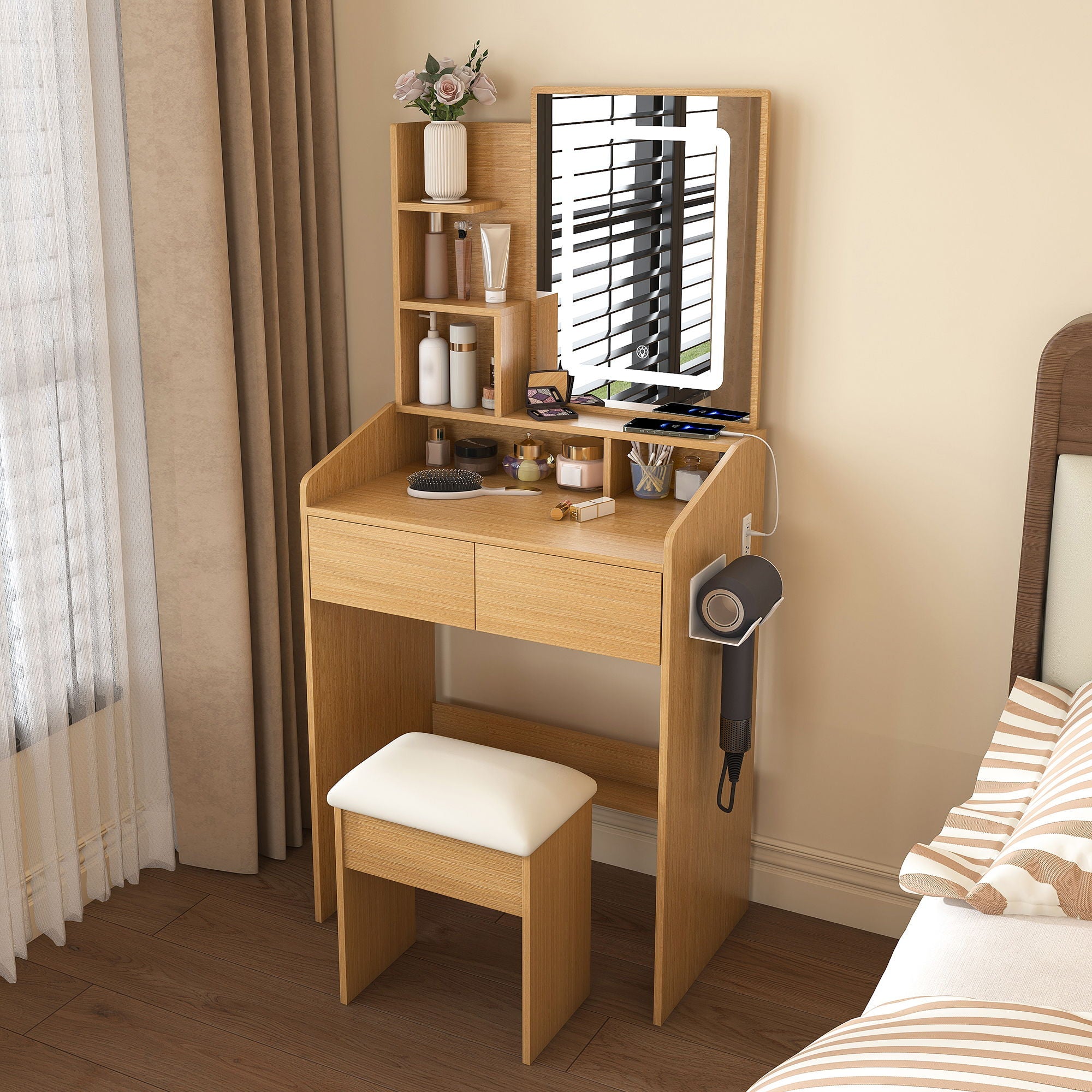 Vanity Table With LED Mirror, Power Outlet, Hairdryer Holder & Padded Stool, Compact Dressing Desk For Small Bedrooms - Wood by Unique Piece Furniture