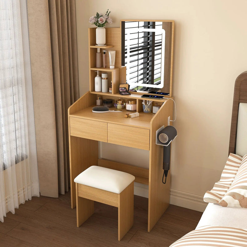 Vanity Table With LED Mirror, Power Outlet, Hairdryer Holder & Padded Stool by HouseOfZazla