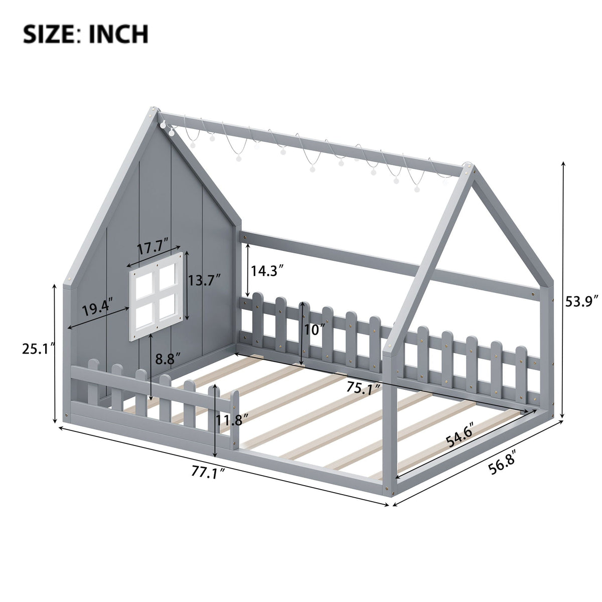 Full Size House Bed with Window and Fence - Solid Pine, photo 21 of 32