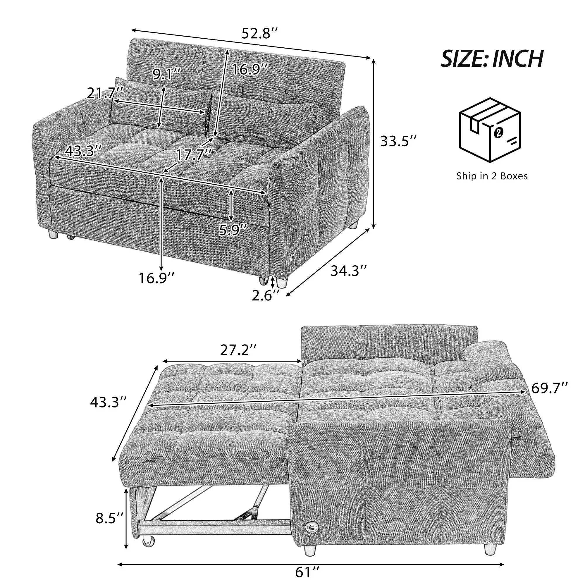 Loveseat Sofa Pull-Out Bed With Adjustable Backrest, 3 USB Ports And 2 Lumbar Pillows For Living Room by HouseOfZazla
