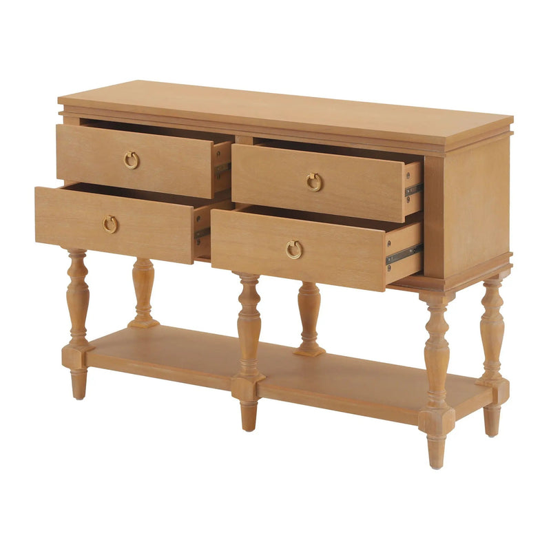 Console Table With 4 Soft Close Drawers, Thick Bottom Shelf For Living Room - Natural by HouseOfZazla