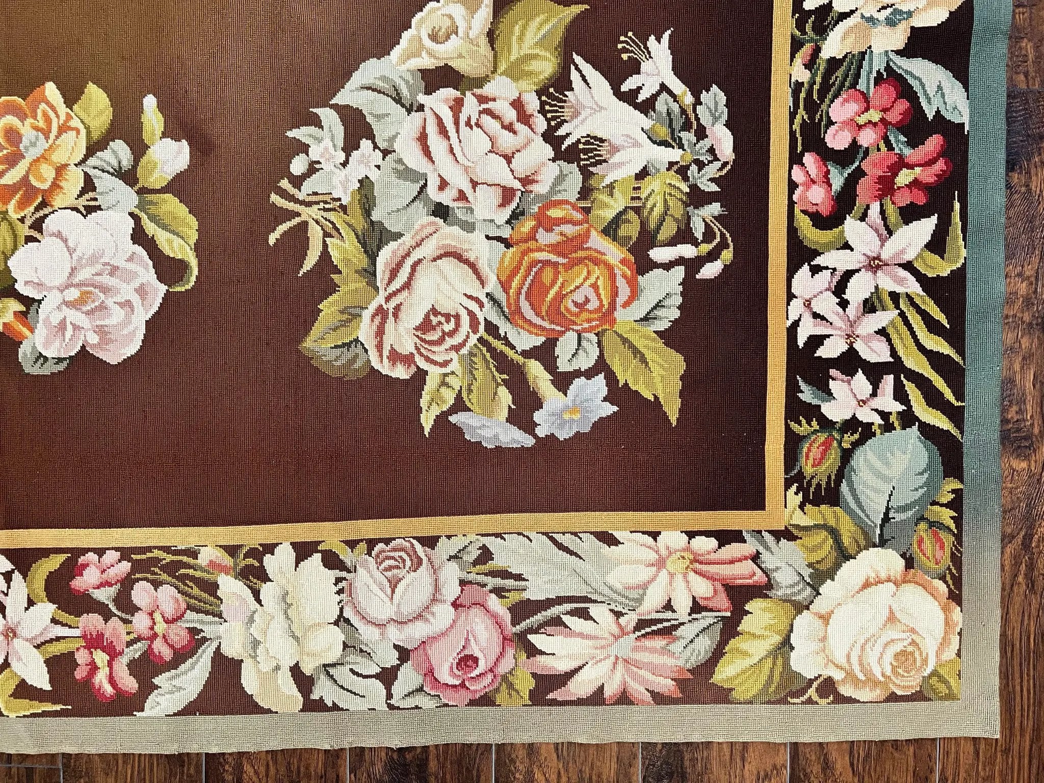 Vintage Needlepoint Rug 9x12, Large Handmade Hand-woven Needlepoint Carpet, Brown Area Rug, Floral Bouquets, Wool Rug, European Design by Jewel Rugs