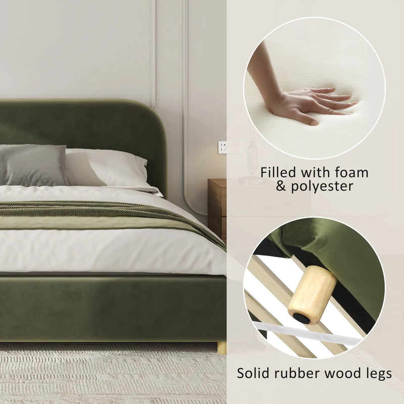 California King Size Upholstered Bed Frame With Velvet Fabric And Curve Design Thick Headboard, Solid Wood Legs, Olive by HouseOfZazla