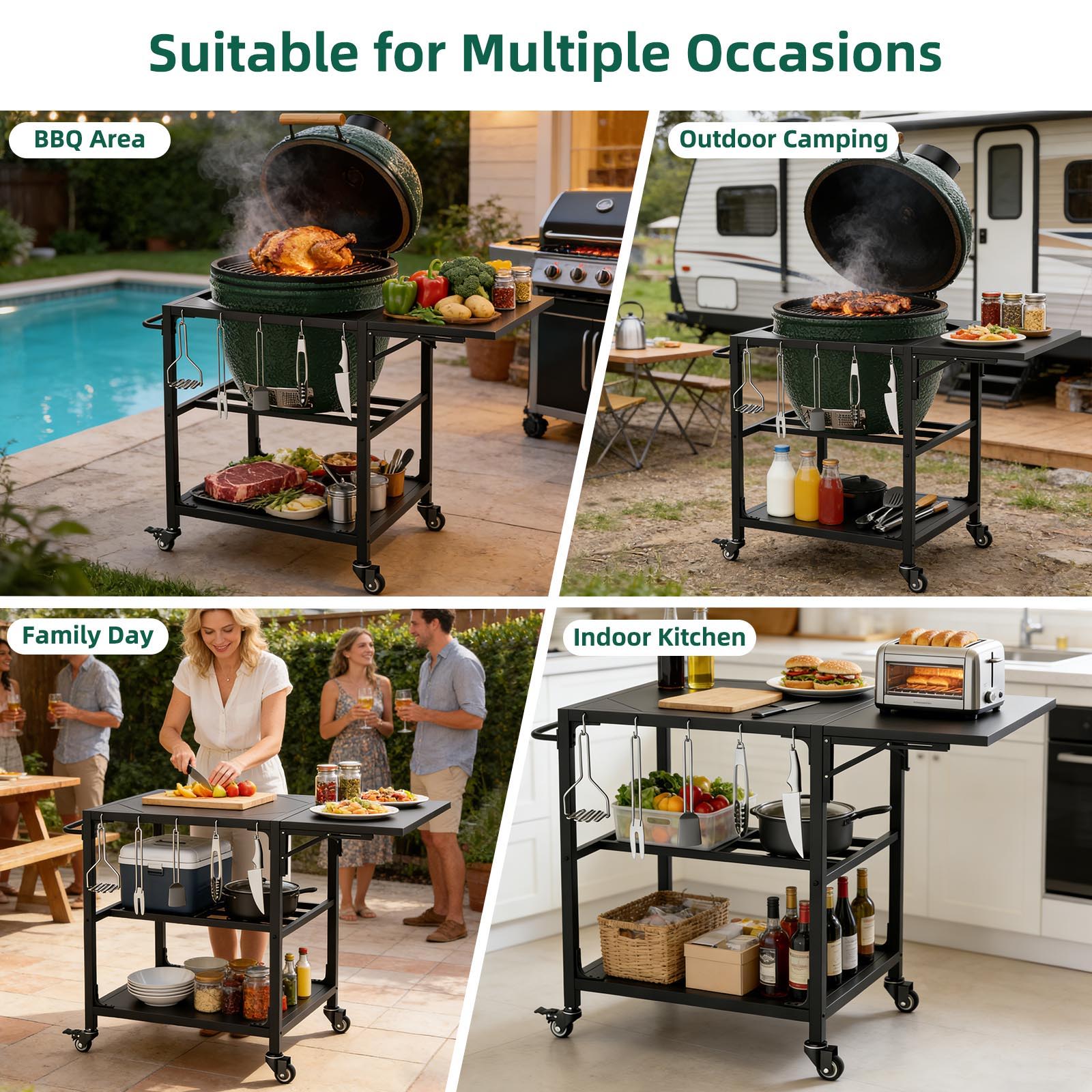Outdoor Grill Table, Prep Cart With Wheels, Storage Shelf And Hooks - Black by HouseOfZazla