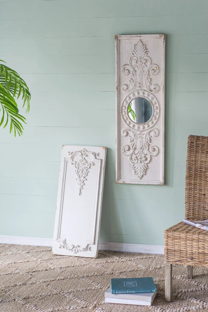 Large Wooden Wall Art Panels With Distressed Round Mirror Accents (Set of 2) - White by HouseOfZazla