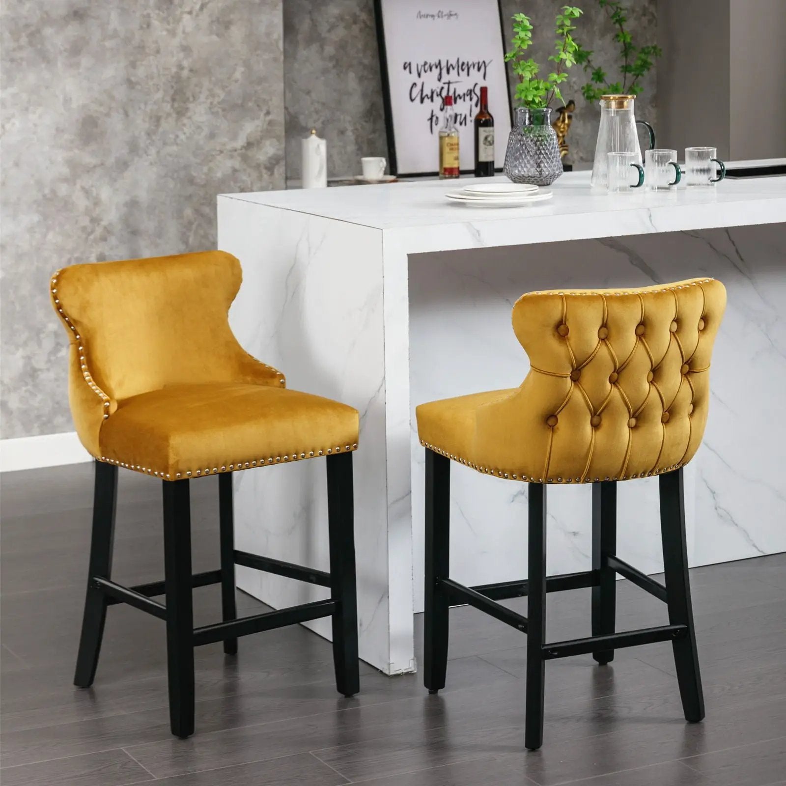 Contemporary Upholstered Wing-Back Barstools With Button Tufted Decoration And Wooden Legs, And Nailhead Trim, Leisure Style Bar Chairs, Bar Stools (Set of 2) by Unique Piece Furniture
