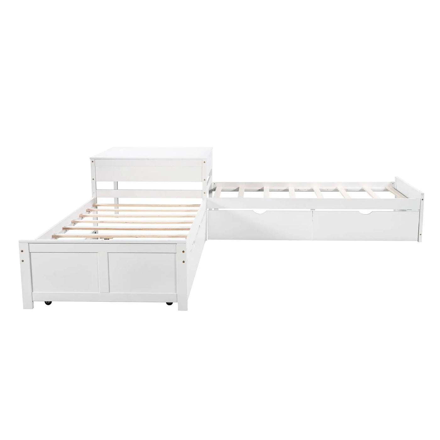 L Shaped Platform Bed With Trundle And Drawers Linked With Built In Desk by HouseOfZazla