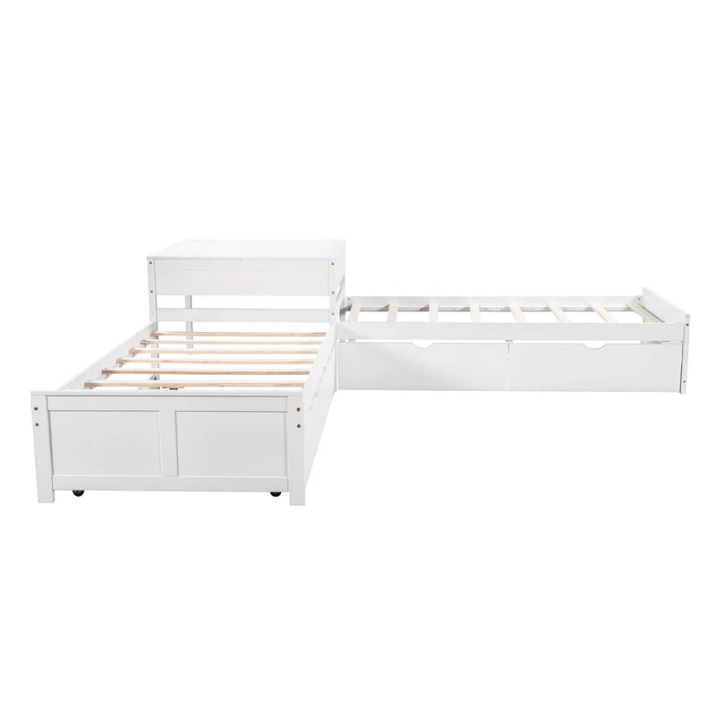 L Shaped Platform Bed With Trundle And Drawers Linked With Built In Desk by HouseOfZazla