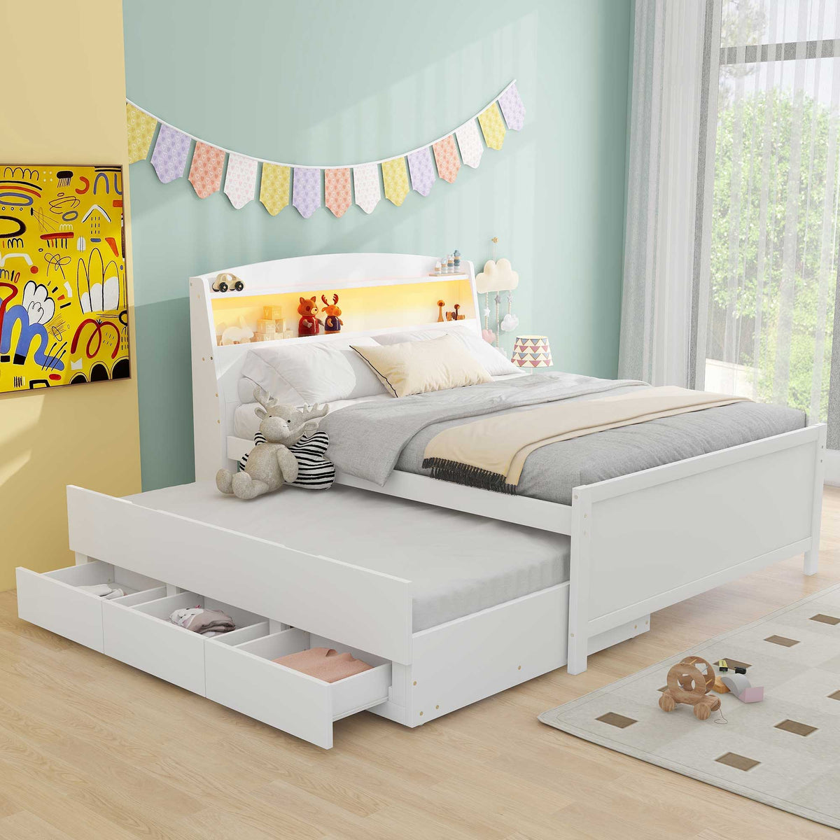 Full Size Platform Bed with Storage LED Headboard and Twin Trundle - White, photo 9 of 18