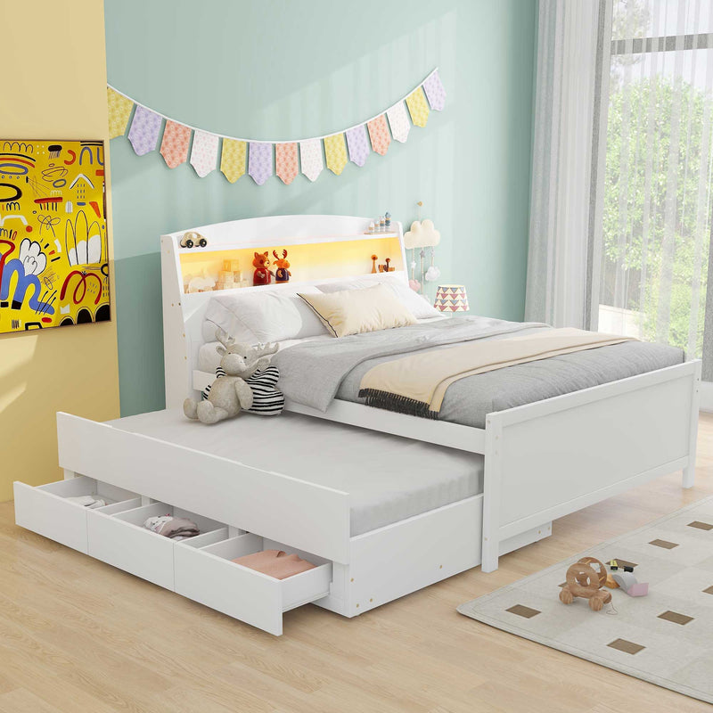 Full Size Platform Bed with Storage LED Headboard and Twin Trundle - White, photo 9 of 18