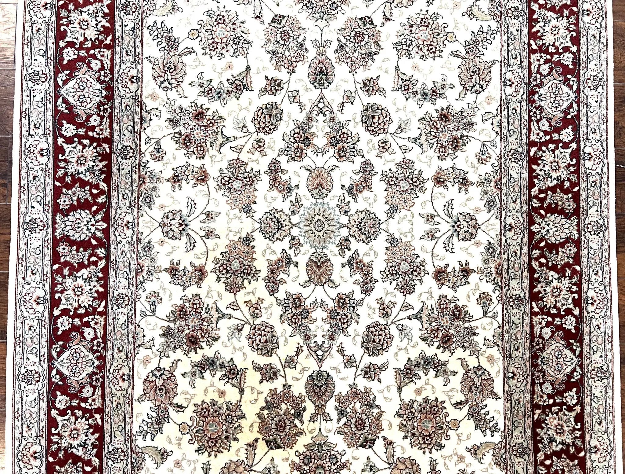 Pak Persian Rug 6x9, Floral Allover Carpet 6 x 9 ft, Cream and Maroon Hand Knotted Wool and Silk Fine Oriental Rug, Traditional Vintage Rug by Jewel Rugs