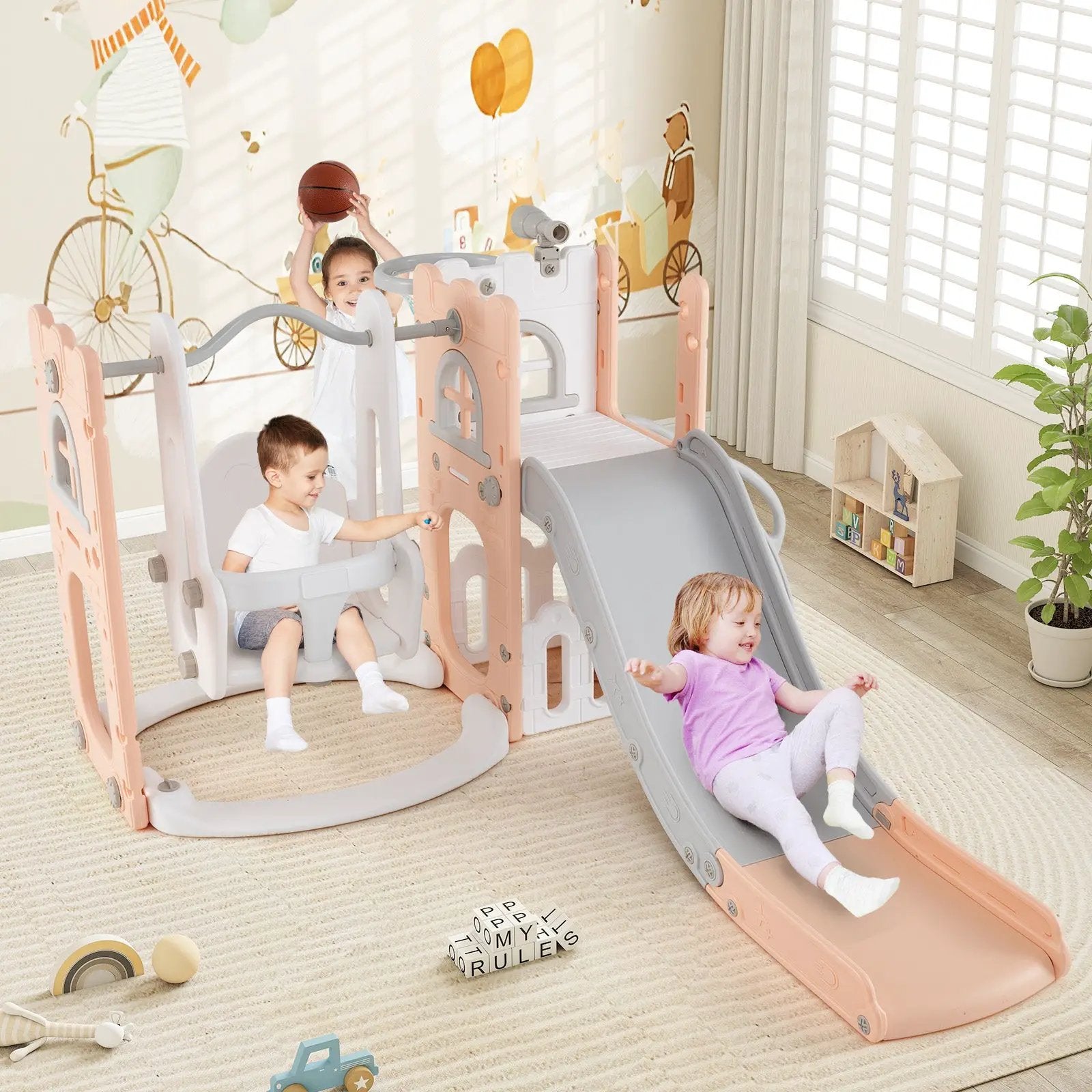 7-in-1 Toddler Swing and Slide Set L-shaped with Ladder and Basketball Hoop by DirectDeals